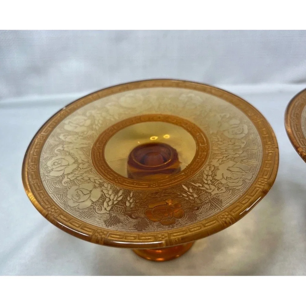 Vintage Amber Glass Candlestick Holders Pair Etched Rose Gold Greek Key 3.5